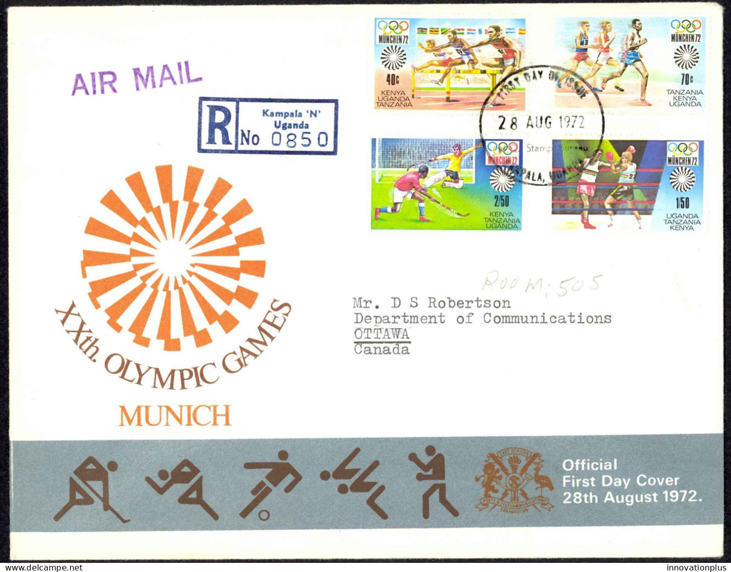 Kenya, Uganda, Tanzania Sc# 250-253 FDC Registered 1972 8.28 Munich Olympics - Kenya, Oeganda & Tanzania