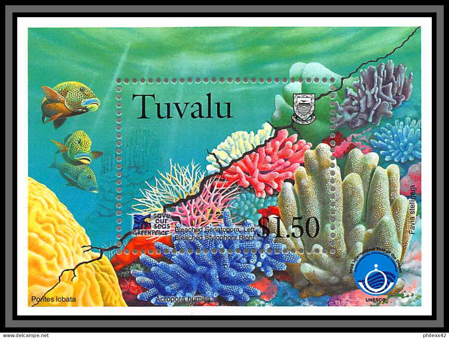 80682 Tuvalu Mi N°65 Greenpeace Save Our Seas Seriatopora Coraux Corals  ** MNH Poissons Fishes Fish 1998  - Tuvalu