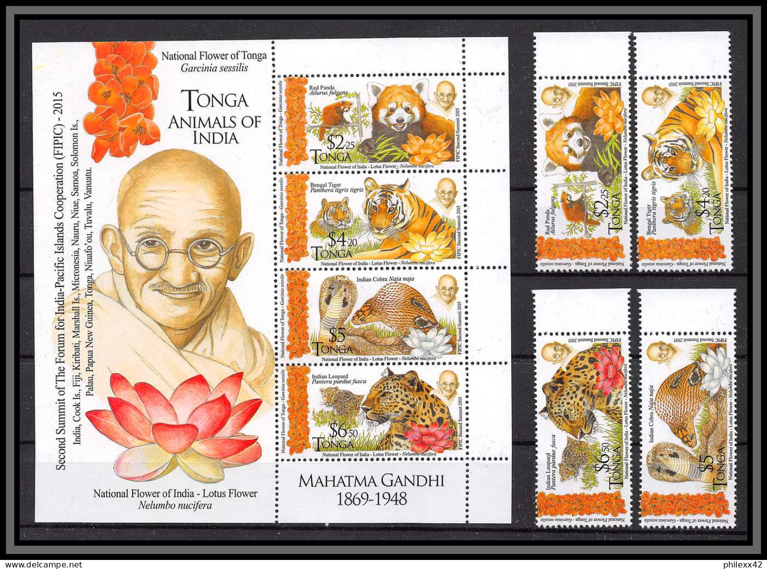 81617a Tonga 2015 Mi 67 2074/2077 Mahatma Gandhi Inde India Animals Flowers Tigre Tiger Cobra Serpent Leopard ** MNH - Serpenti