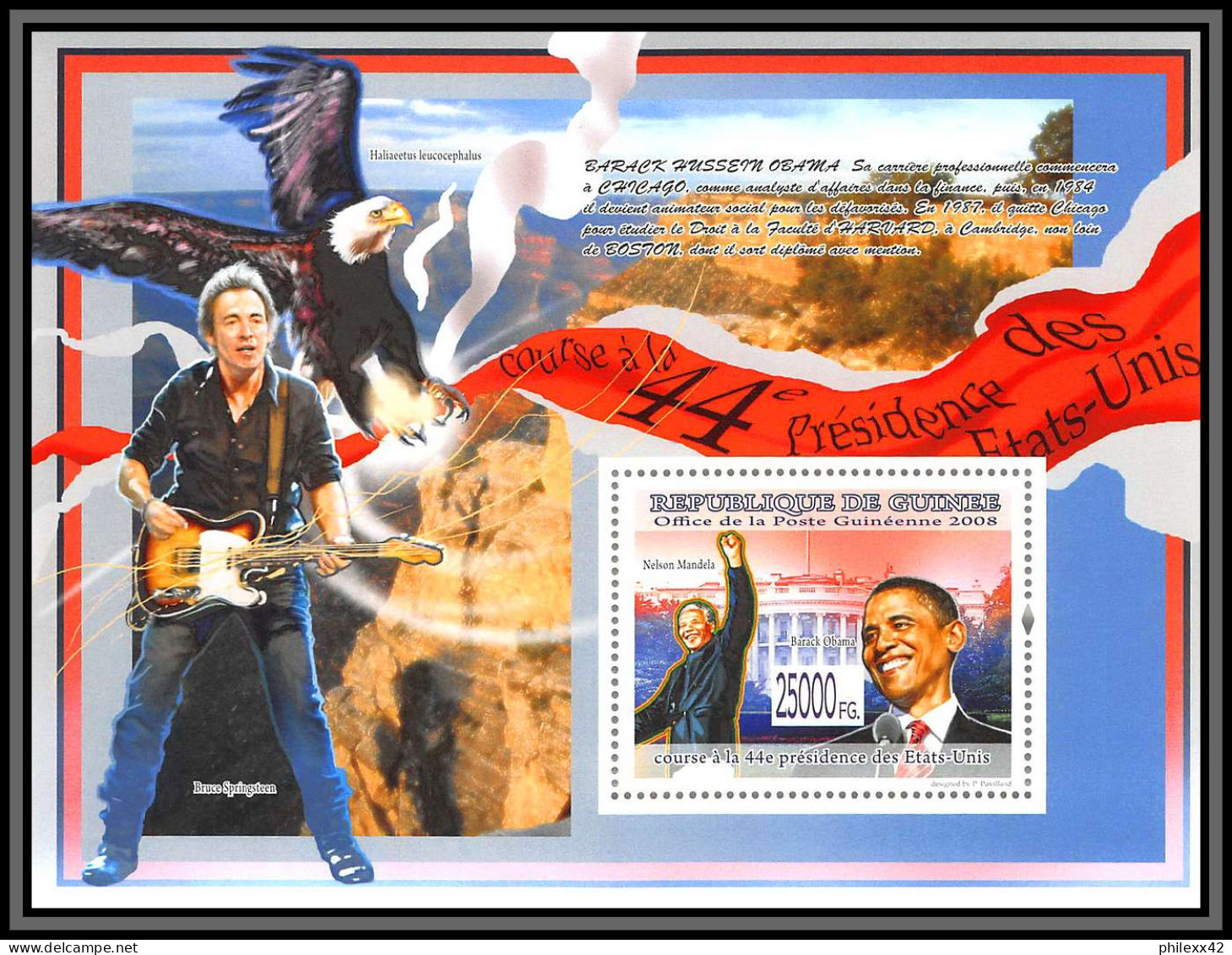 81675 Guinée Guinea 2008 BF 900 Obama Mandela 44ème President Of Usa Eagla Aigle Oiseaux Birds Springsteen ** MNH - Chanteurs