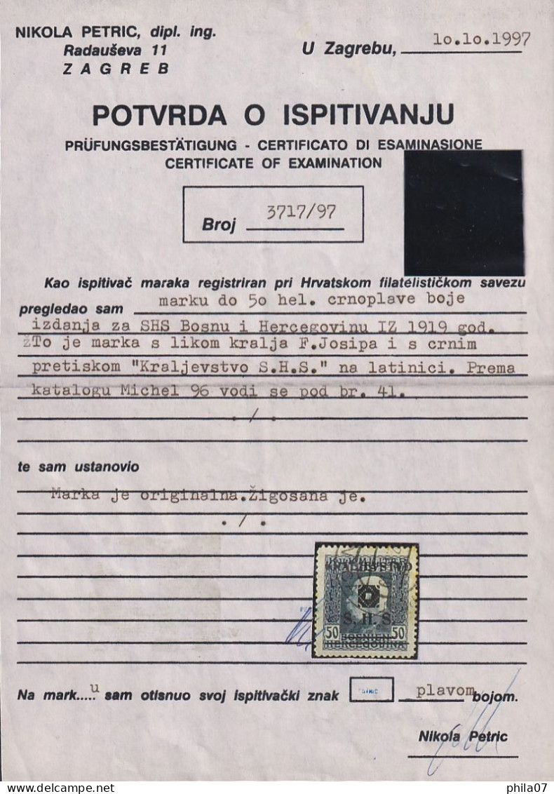 BOSNIA AND HERZEGOVINA - Mi.No. 41, Photo Certificate Petric / 3 Scan - Bosnia And Herzegovina