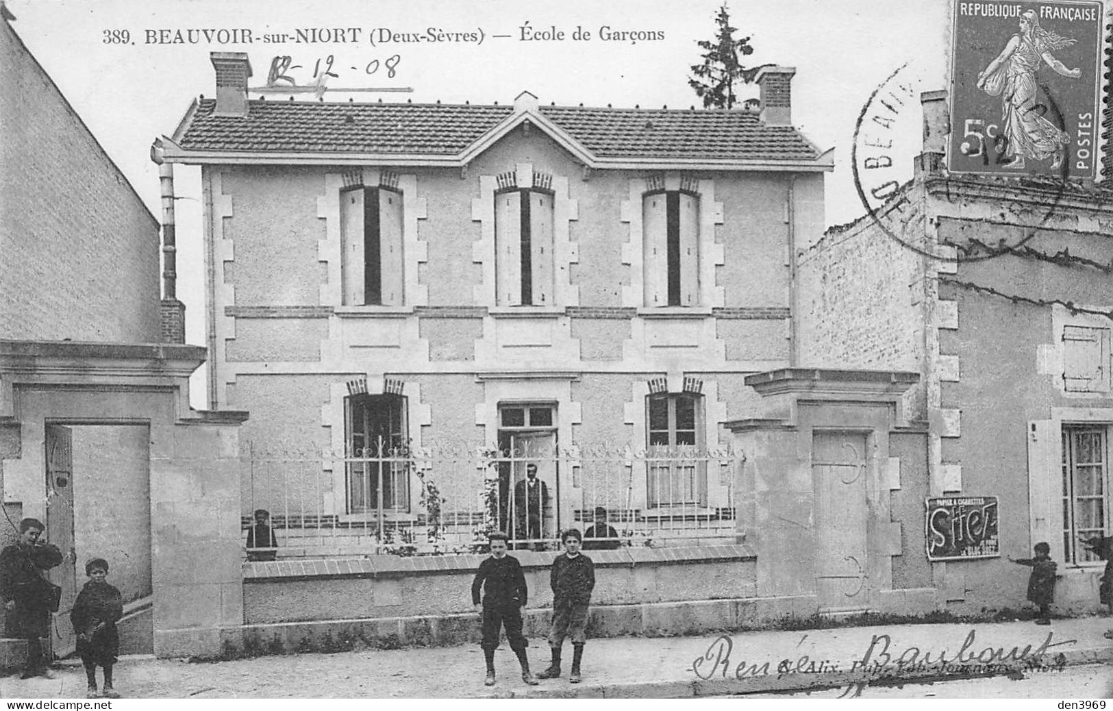 BEAUVOIR-sur-NIORT (Deux-Sèvres) - Ecole De Garçons - Voyagé 1908 (2 Scans) Grandsire, Valenciennes, 55 Rue Du Rempart - Beauvoir Sur Niort