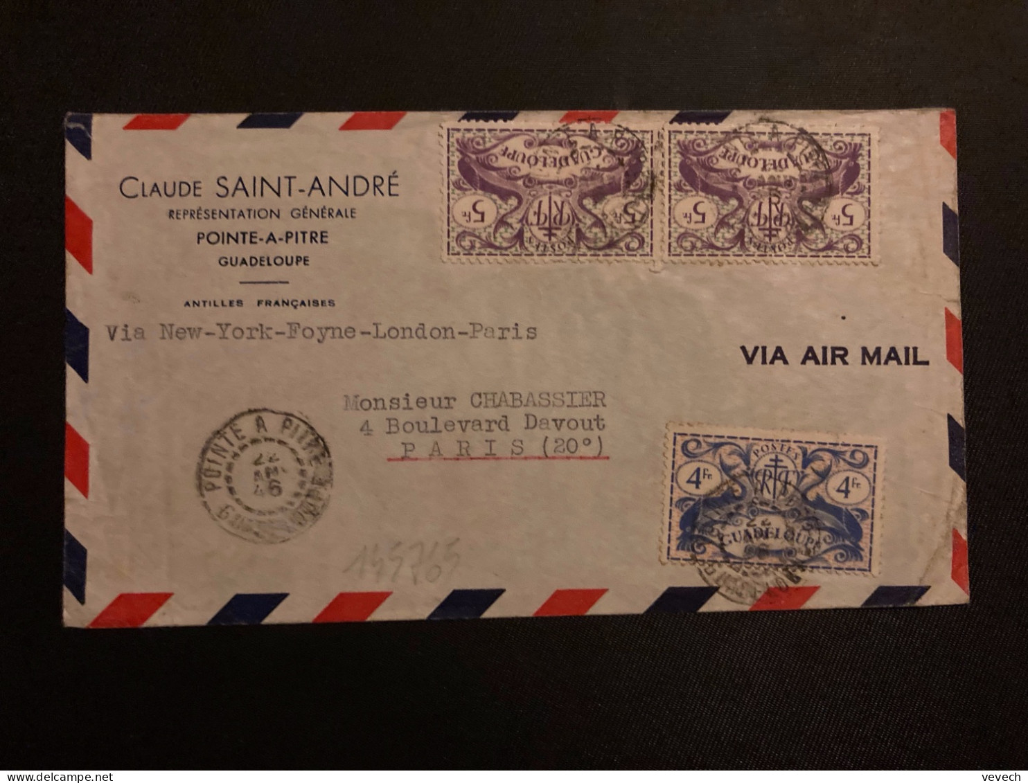 LETTRE CLAUDE SAINT-ANDRE Pour La FRANCE TP POISSONS 5F X2 + 4F OBL.22 JANV 46 POINTE A PITRE - Storia Postale