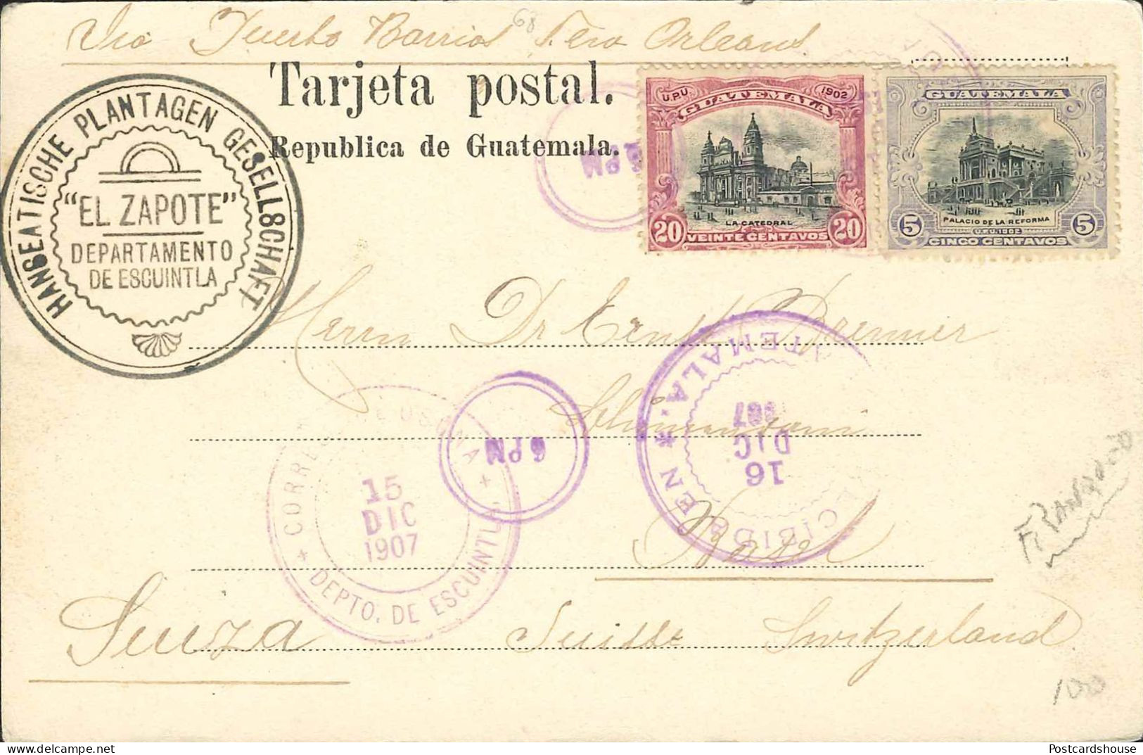 GUATEMALA RIO COJOLATE 1909 FRANQUEO EL ZAPOTE 1907 - Guatemala