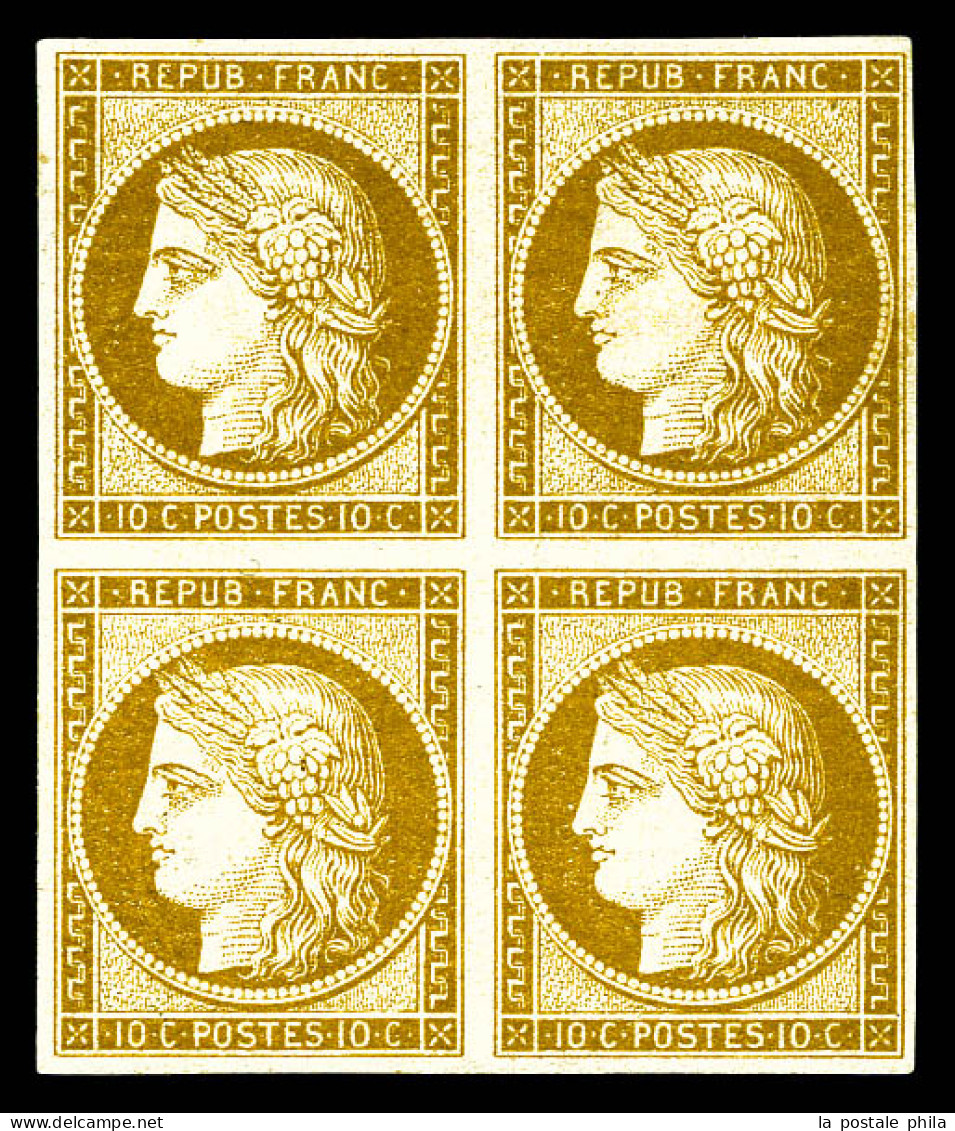 ** N°1, 10c Bistre-jaune, Bloc De Quatre Pleine Gomme (2ex*), Fraîcheur Postale, R.R.R. SUPERBE (signé Brun/certificat)  - 1849-1850 Ceres