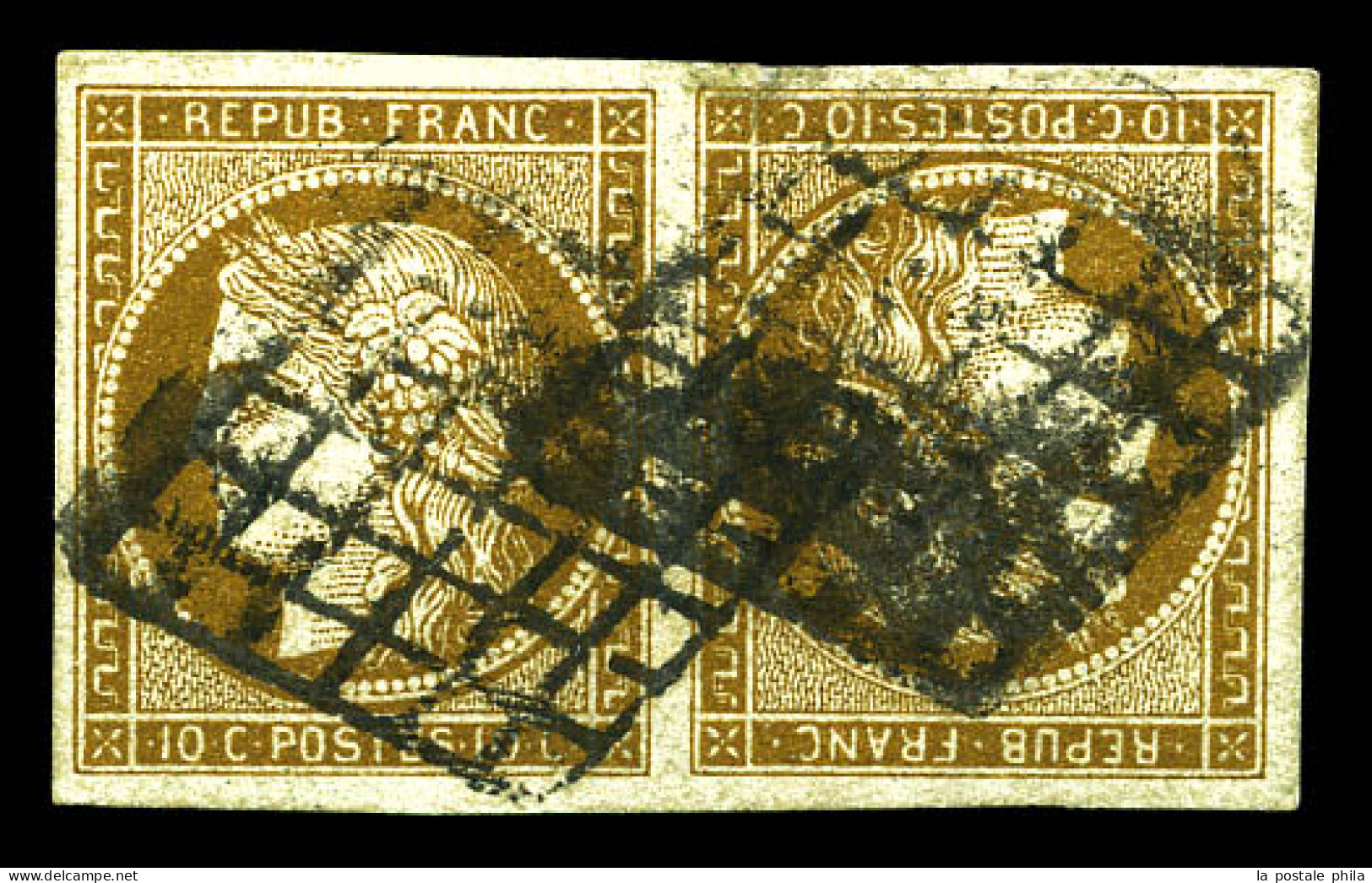 O N°1e, 10c Bistre-verdâtre En Paire Tête-bêche Obl Grille, PIECE SUPERBE. R.R. (signé Calves/Brun/certificats)  Qualité - 1849-1850 Ceres