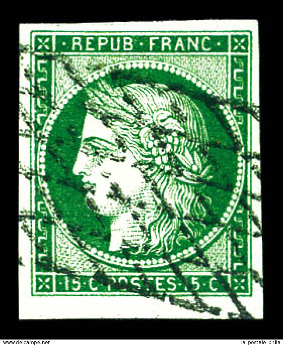 O N°2b, 15c Vert Foncé, Grandes Marges Oblitération Grille Sans Fin. PIECE CHOISIE. SUPERBE (signé Calves/certificat)  Q - 1849-1850 Ceres