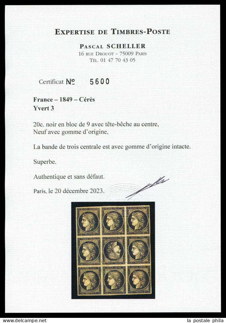 ** N°3d, 20c Noir Sur Jaune, Tête-bêche Au Centre D'un Bloc De Neuf (6 Ex Ordinaires*), Fraîcheur Postale, Très Grande R - 1849-1850 Ceres