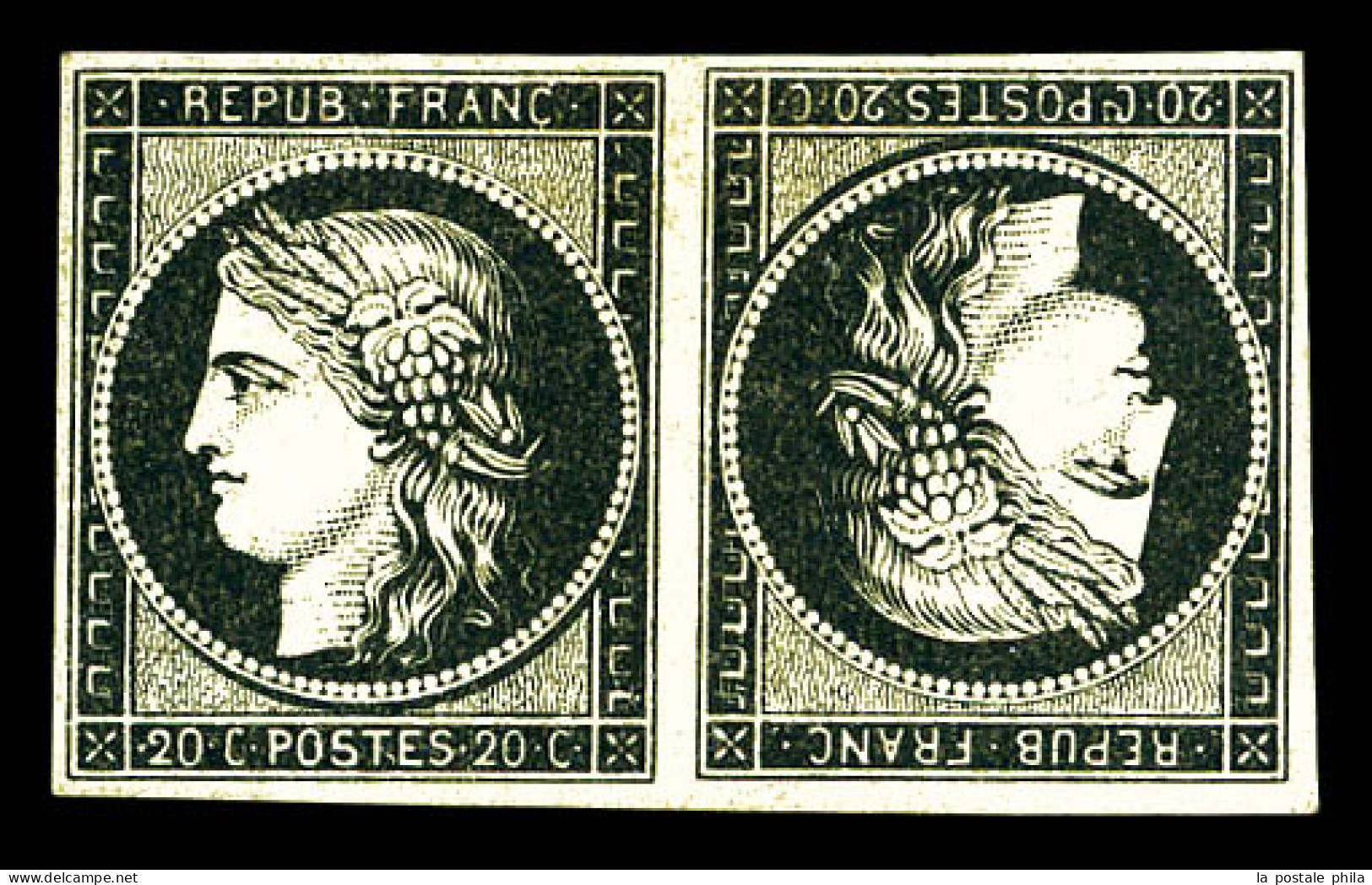 * N°3d, 20c Noir Sur Jaune En Paire Tête-bêche, Quatre Très Belles Marges équilibrées, Fraîcheur Postale. SUPERBE. R.R.  - 1849-1850 Ceres