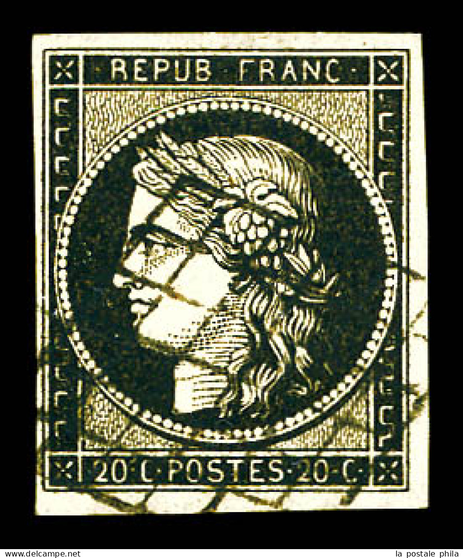 O N°3g, 20c Noir Sur Fauve, Quatre Belles Marges Et Grille Légère. TTB (signé Scheller/certificat)  Qualité: Oblitéré  C - 1849-1850 Ceres