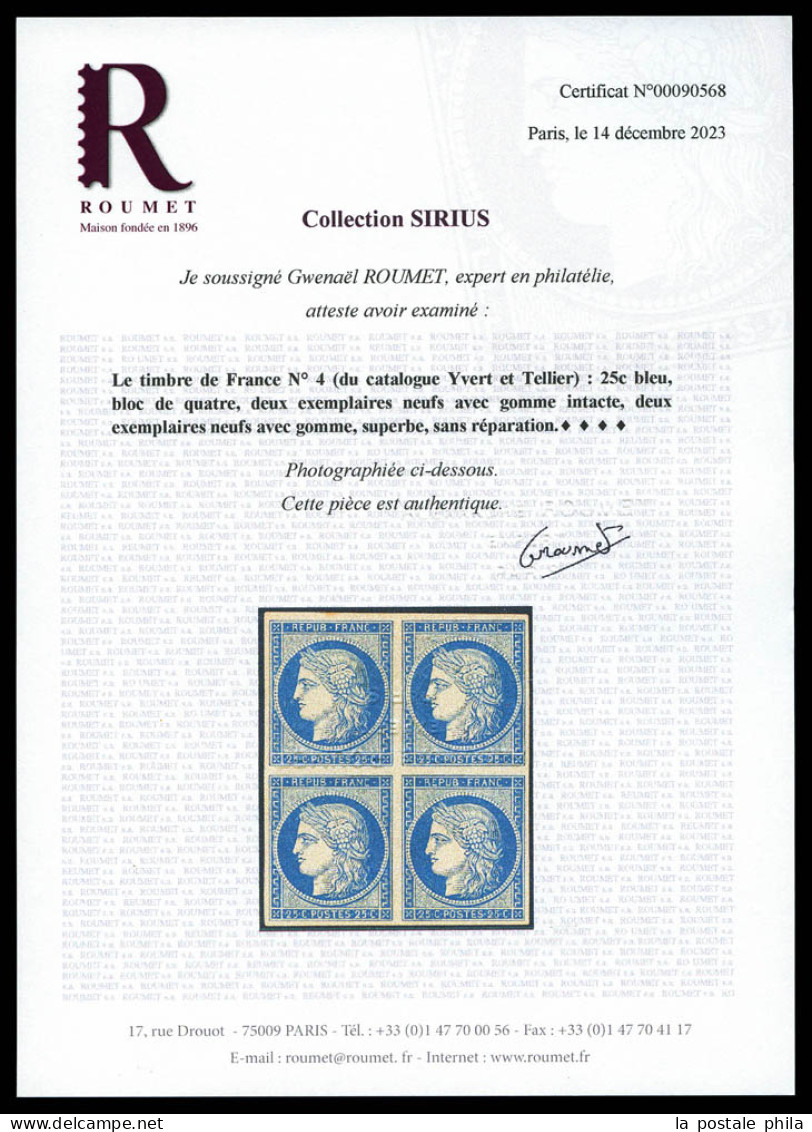 ** N°4, 25c Bleu En Bloc De Quatre (2ex*), Fraîcheur Postale, Un Des Plus Beaux Exemplaires Connus. SUPERBE. R.R.R. (sig - 1849-1850 Ceres
