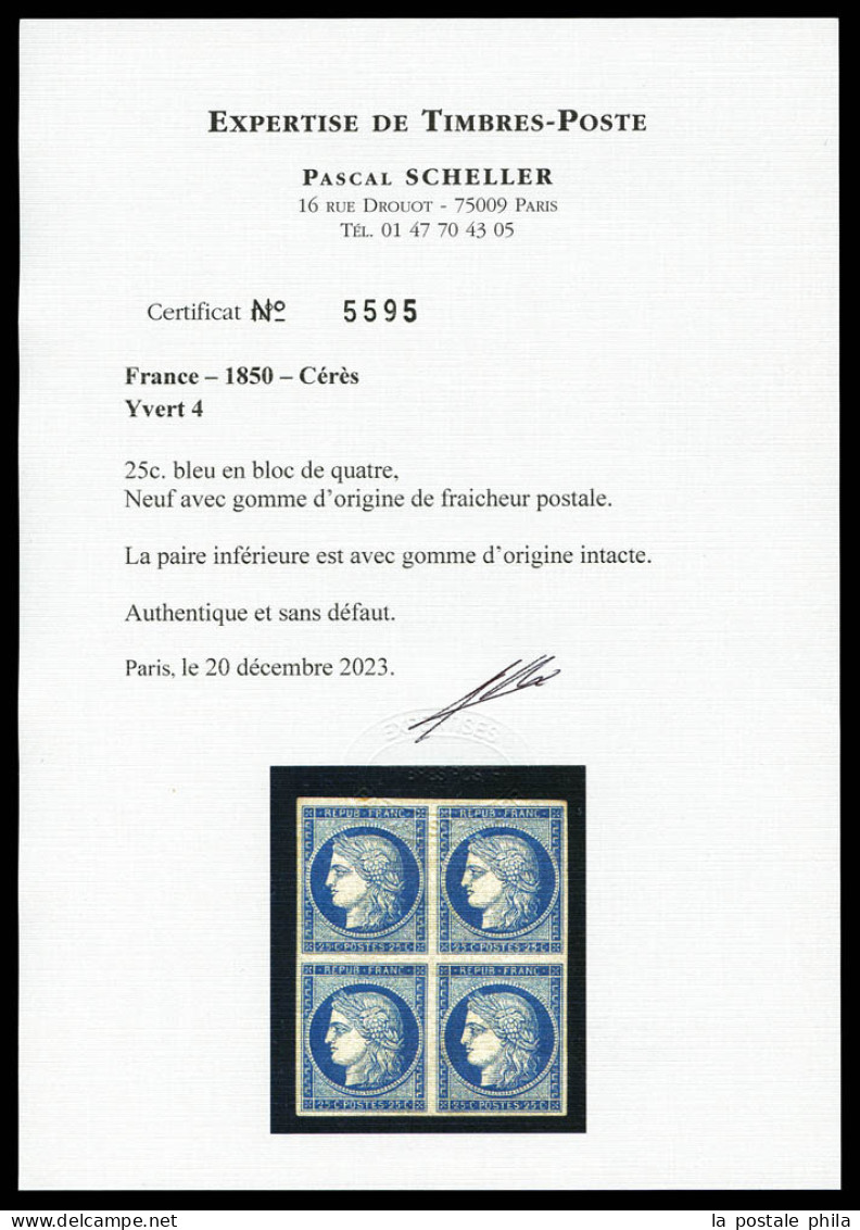 ** N°4, 25c Bleu En Bloc De Quatre (2ex*), Fraîcheur Postale, Un Des Plus Beaux Exemplaires Connus. SUPERBE. R.R.R. (sig - 1849-1850 Ceres