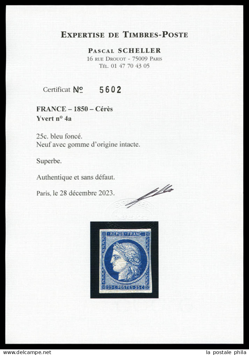 ** N°4a, 25c Bleu Foncé, Exceptionnelle Fraîcheur, R.R.R, SUPERBE (signé Calves/certificats)  Qualité: ** - 1849-1850 Ceres