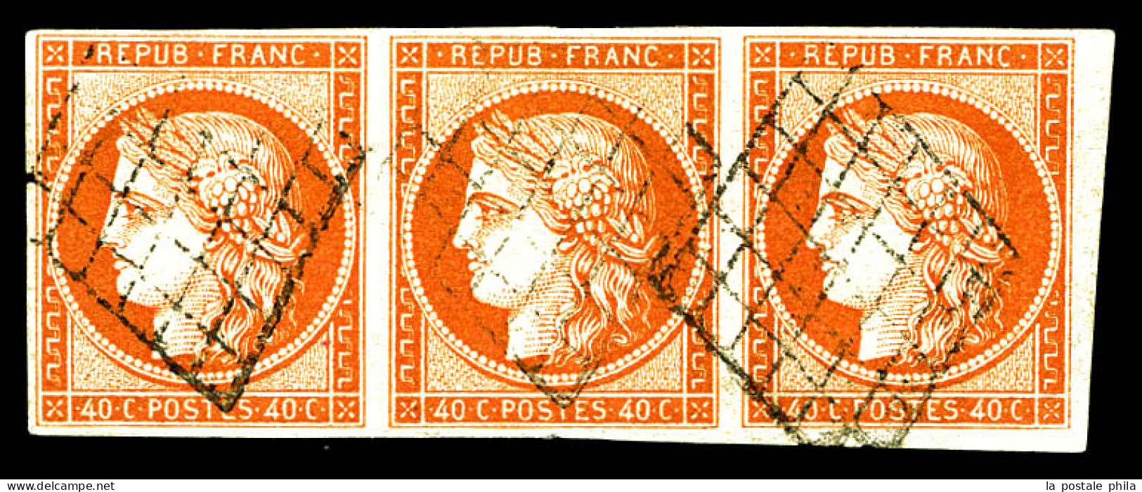 O N°5a, 40c Orange-vif, Bande De Trois Obl Grille. SUP (signé Calves/certificat)  Qualité: Oblitéré  Cote: 2800 Euros - 1849-1850 Ceres
