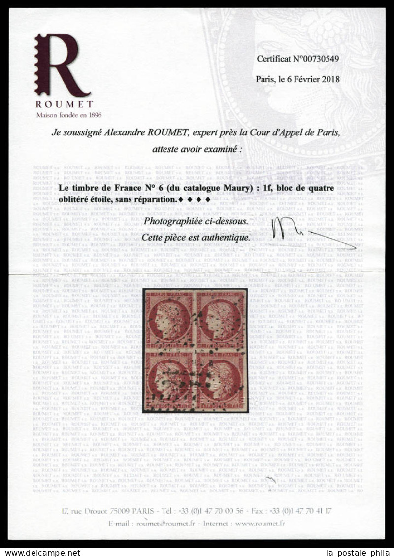 O N°6, 1f Carmin, Bloc De Quatre, Frais. TTB. R.R. (signé Brun/Certificats)  Qualité: Oblitéré  Cote: 17500 Euros - 1849-1850 Cérès