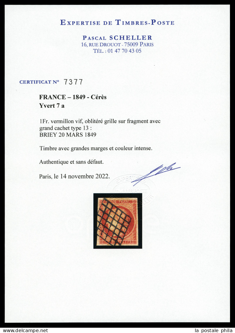 O N°7a, 1F Vermillon Vif, Oblitéré Grille Légère, GRANDES MARGES, NUANCE INTENSE, SUPERBE. R.R.R (signé Marchand/certifi - 1849-1850 Cérès