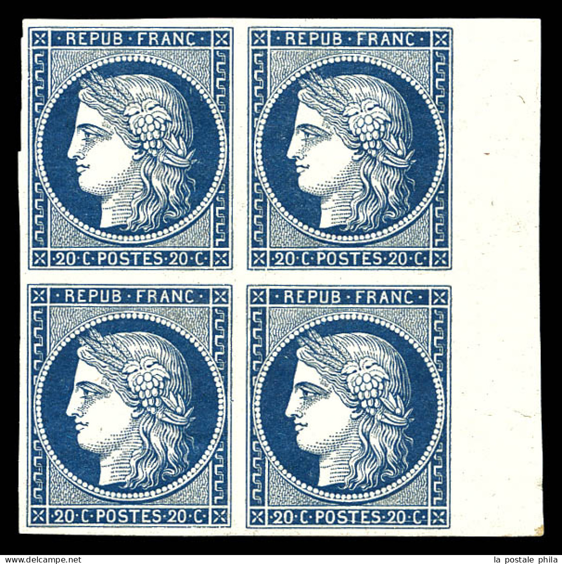 ** N°8a, Non émis, 20c Bleu Foncé En Bloc De Quatre (1ex*), Bord De Feuille Latéral Droit, Fraîcheur Postale. PIECE RARE - 1849-1850 Cérès