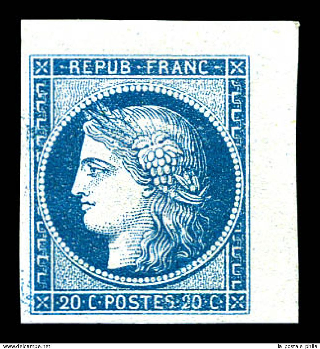 ** N°8b, Non émis, 20c Bleu Sur Azuré Coin De Feuille, Fraîcheur Postale. SUPERBE. R.R. (signé Calves/certificat)  Quali - 1849-1850 Ceres