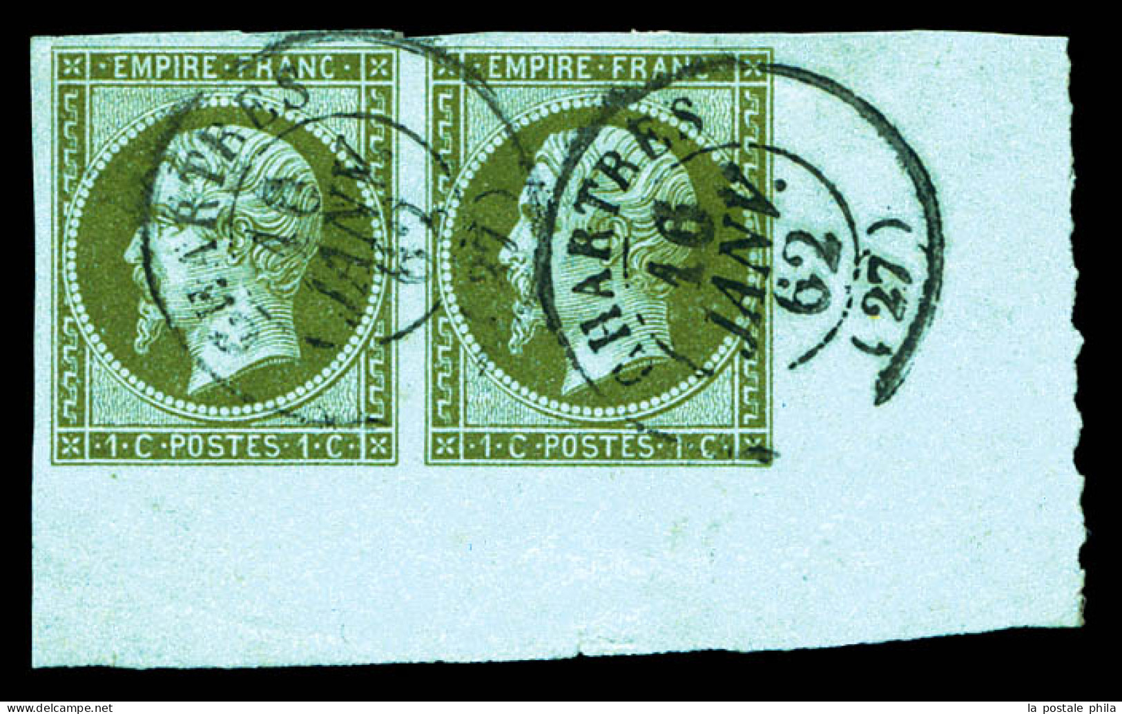 O N°11, 1c Olive En Paire Grand Coin De Feuille Obl Càd De CHARTRES Le 16 Janv 1862. PIECE CHOISIE. SUPERBE (certificat) - 1853-1860 Napoléon III