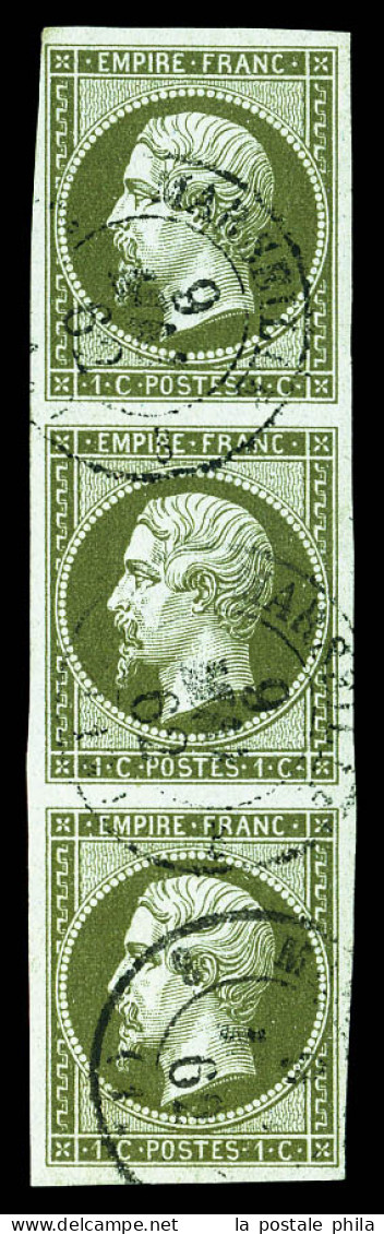 O N°11, 1c Olive, Bande De 3 Obl Càd. TTB  Qualité: Oblitéré  Cote: 375 Euros - 1853-1860 Napoléon III.