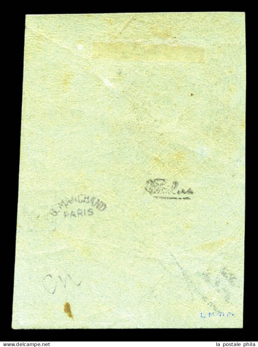 * N°11e, 1c Vert-olive Foncé, Grand Coin De Feuille Avec Carré De Repère. GRANDE RARETE. SUPERBE (signé Calves/Margues/M - 1853-1860 Napoléon III.