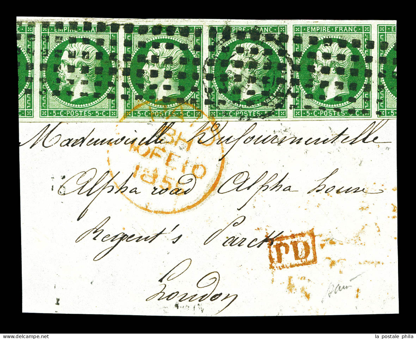 O N°12c, 5c Vert Très Foncé Sur Vert, Bande De 4 Obl Gros Points Avec Voisins, Sur Son Support. SUP (certificat)  Qualit - 1853-1860 Napoleon III