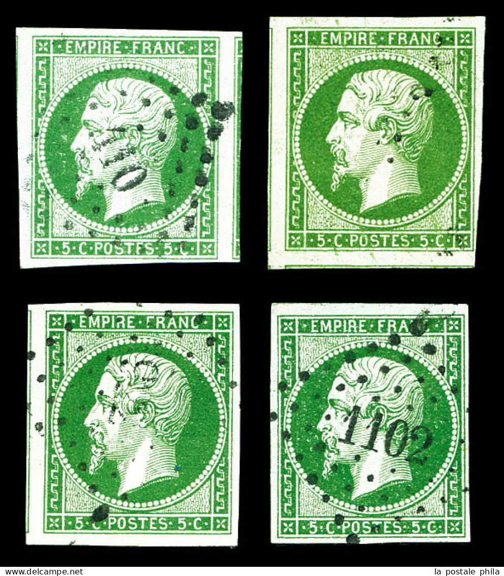O 5c Empire: Quatre Exemplaires Choisis Avec Nuances Differentes Dont Vert Foncé Sur Vert. SUP (signés Scheller)  Qualit - 1853-1860 Napoléon III