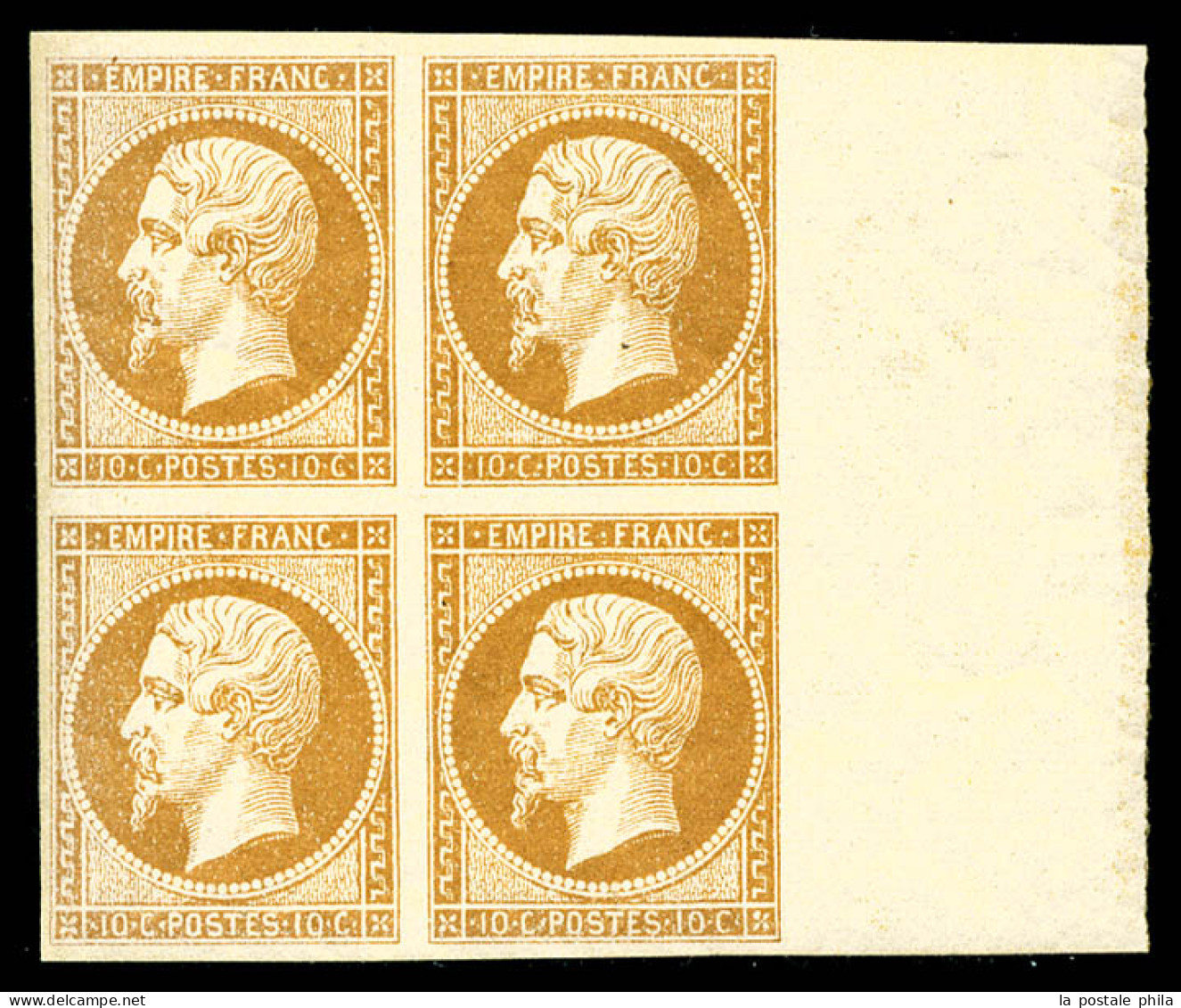 ** N°13B, 10c Brun-clair Type II En Bloc De Quatre Bord De Feuille Latéral, Fraîcheur Postale, SUPERBE (signé Calves/cer - 1853-1860 Napoléon III.