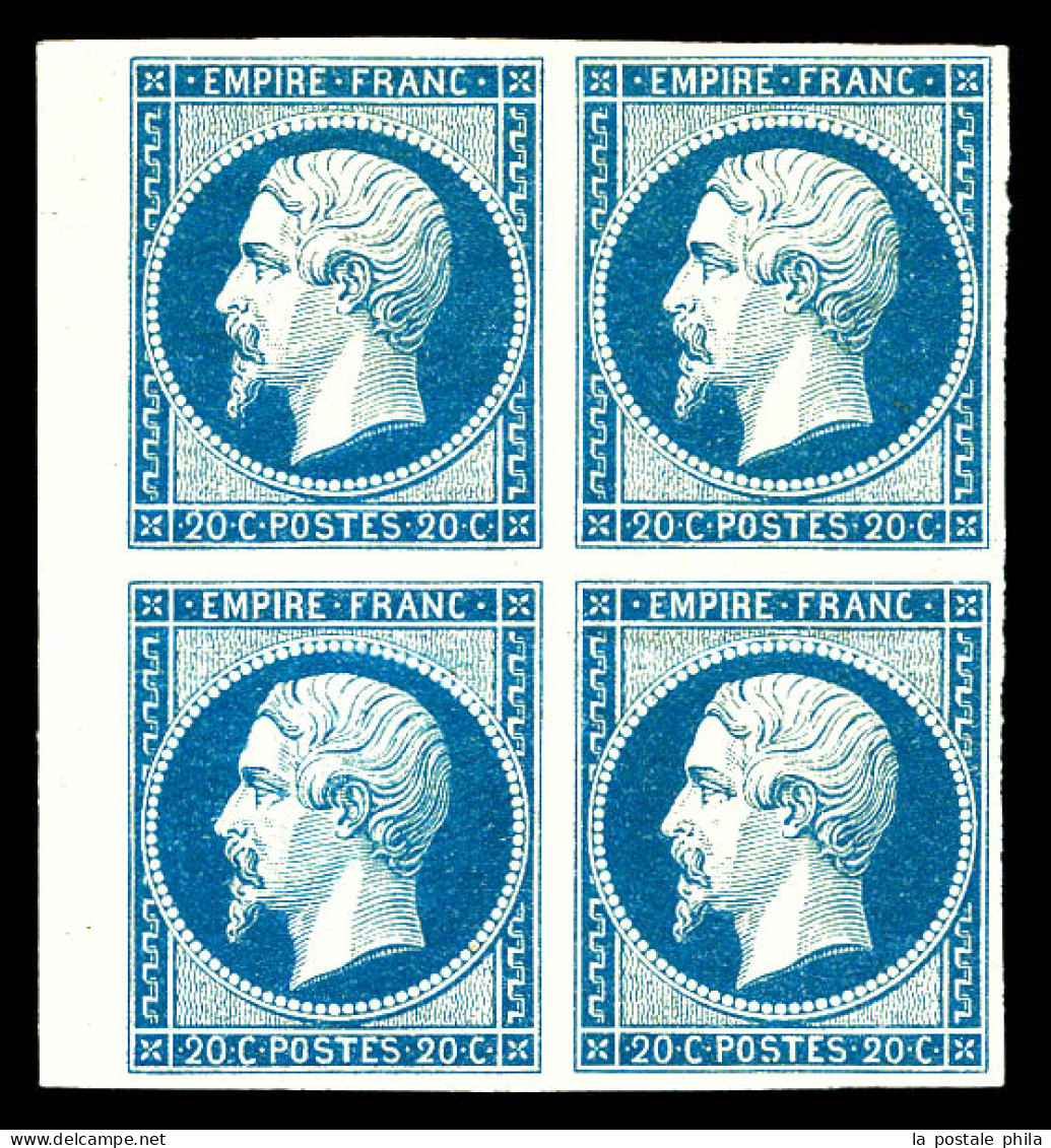 * N°14A, 20c Bleu Type II En Bloc De Quatre Bord De Feuille Latéral, Gno, Belle Présentation (certificat)  Qualité: *  C - 1853-1860 Napoléon III.