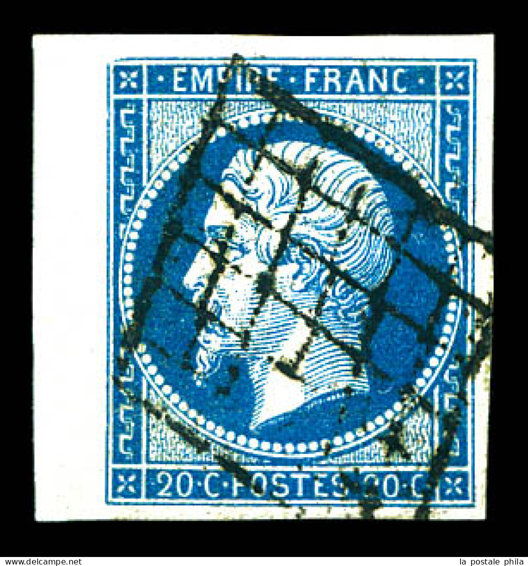 O N°14A, 20c Bleu Obl Grille, Bdf Latéral, Pièce Choisie. SUP  Qualité: Oblitéré - 1853-1860 Napoléon III.