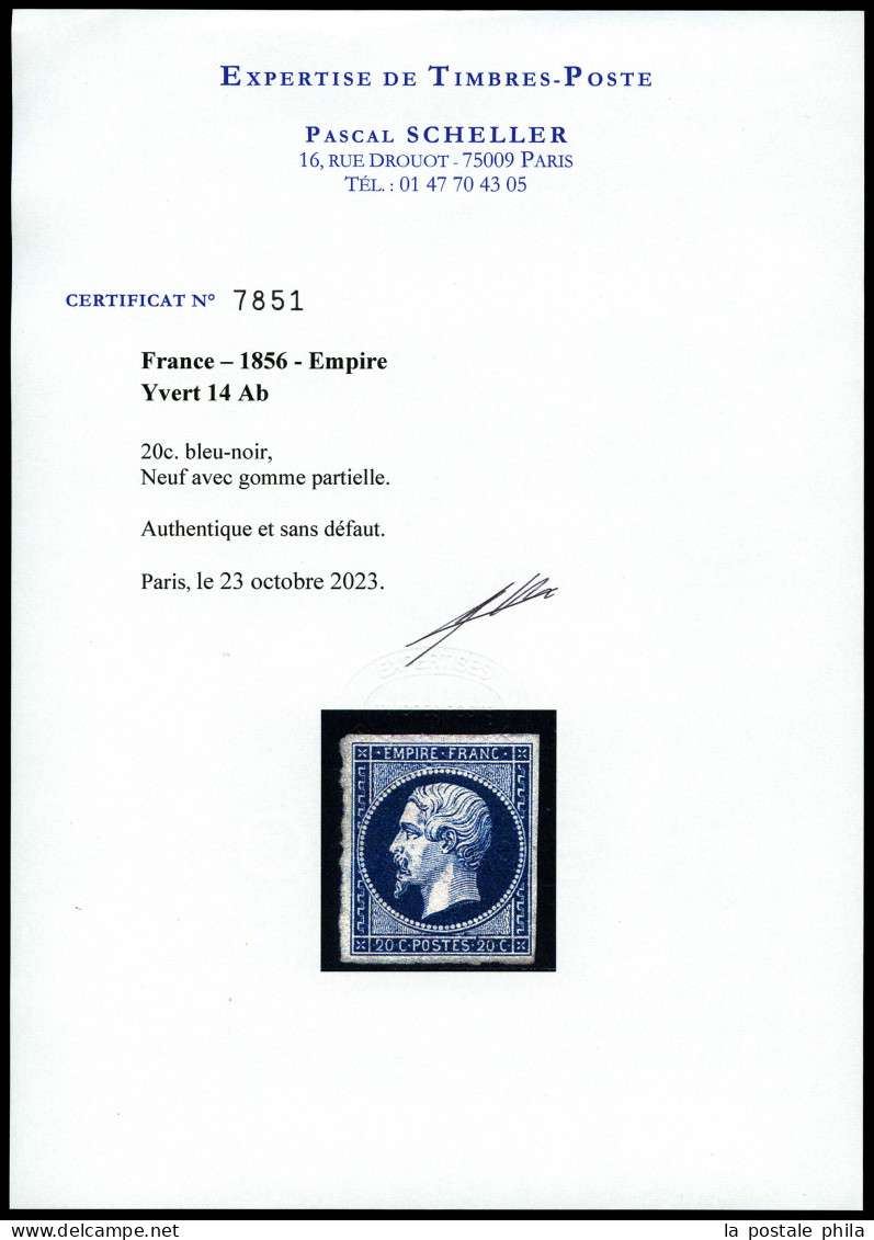 * N°14Ab, 20c Bleu-noir Type I, Gomme Partielle, Nuance Rare En Neuf. TTB (signé Brun/certificats)  Qualité: *  Cote: 25 - 1853-1860 Napoléon III.