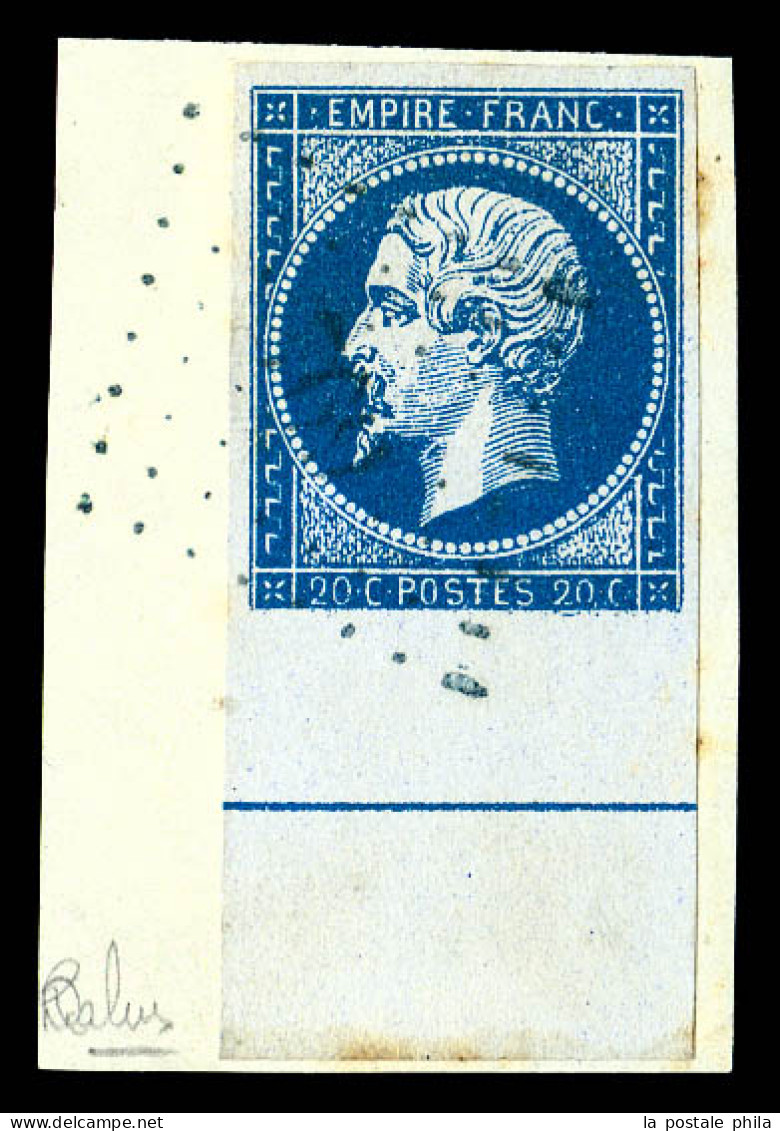 O N°14Ai, 20c Bleu Type I Bord De Feuille Avec Filet D'encadrement Sur Son Support. TTB  Qualité: Oblitéré  Cote: 400 Eu - 1853-1860 Napoléon III