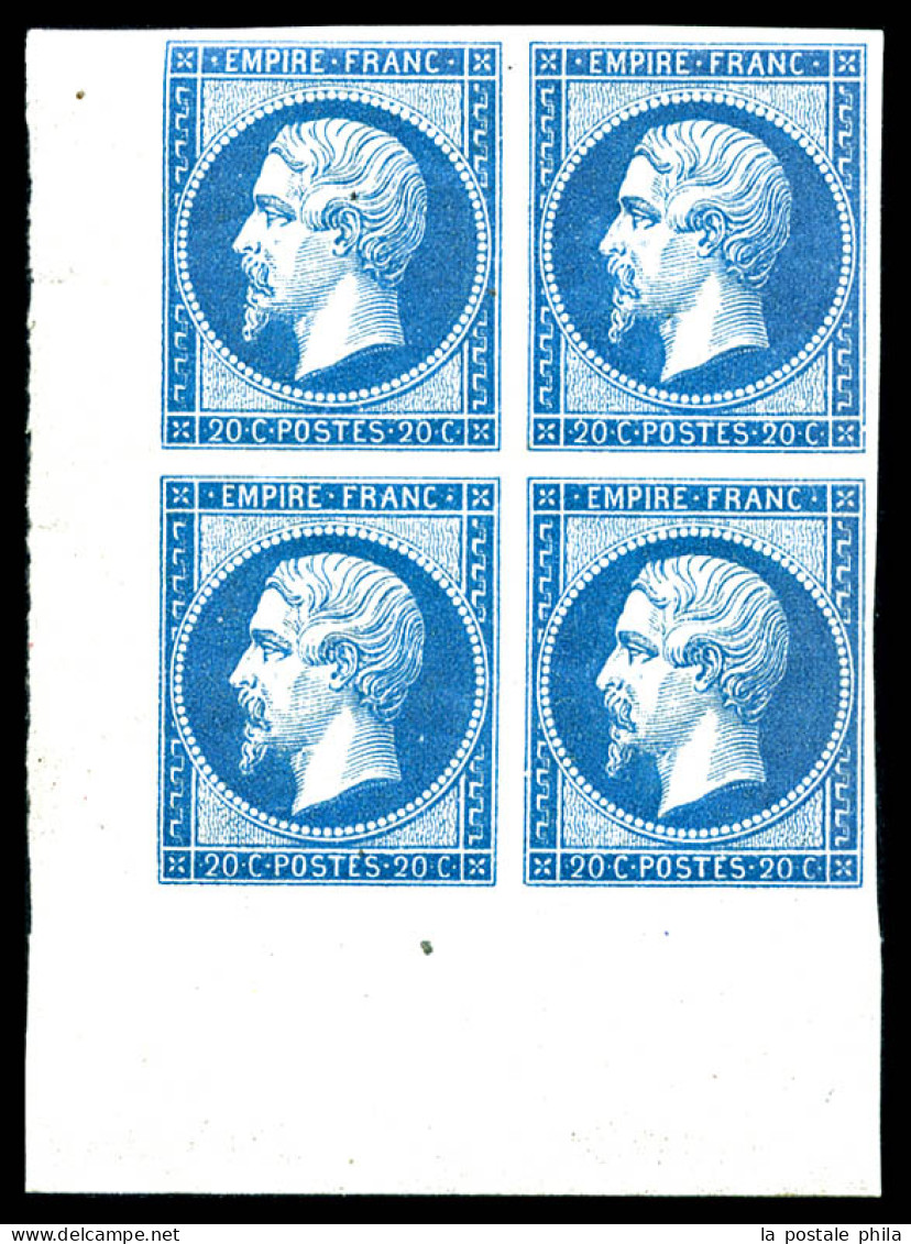 ** N°14B, 20c Bleu Type II En Bloc De Quatre Coin De Feuille, Fraîcheur Postale, SUPERBE (certificat)  Qualité: ** - 1853-1860 Napoléon III