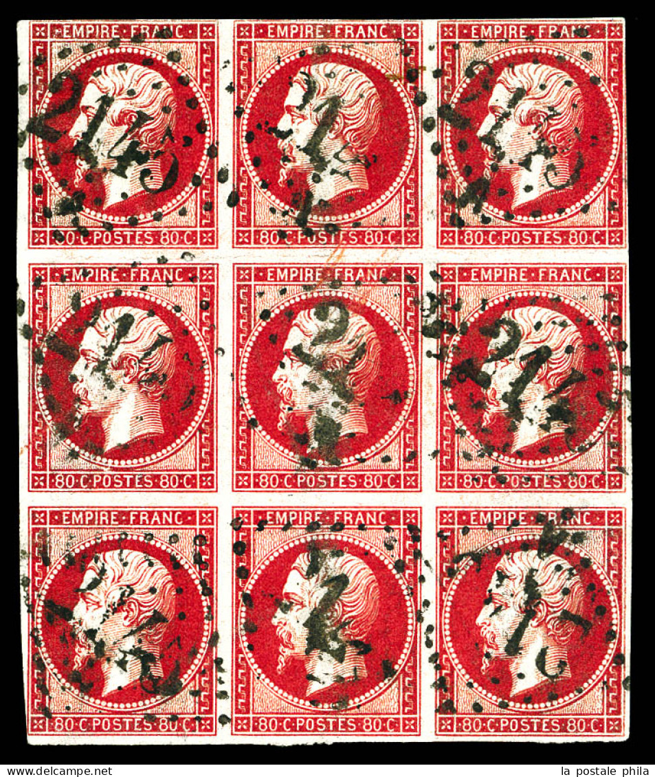 O N°17B, 80c Rose En Bloc De 9 Exemplaires Obl GC 2145. TB. R. (signé Calves/certificat)  Qualité: Oblitéré - 1853-1860 Napoléon III.