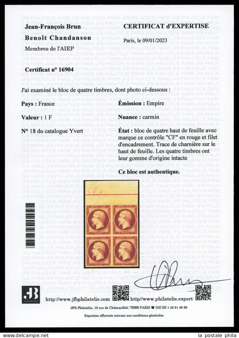 ** N°18, 1f Carmin, Bloc De Quatre Bord De Feuille Supérieur Avec Filet D'encadrement Et Marque CF Dans Un Ovale En Roug - 1853-1860 Napoleon III