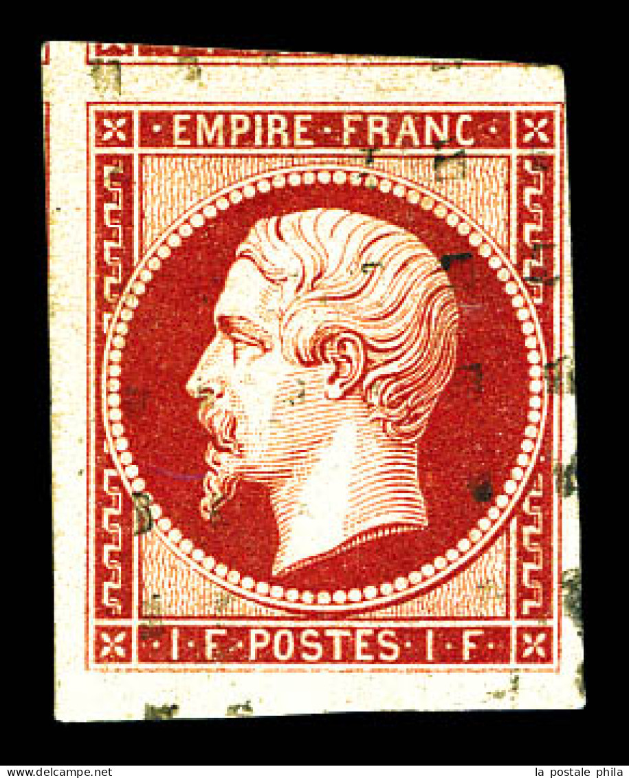 O N°18, 1f Carmin Obl Gros Points, Marges énormes Avec 3 Voisins, Oblitération Légère. SUPERBE. R.R. (signé Brun/certifi - 1853-1860 Napoléon III.