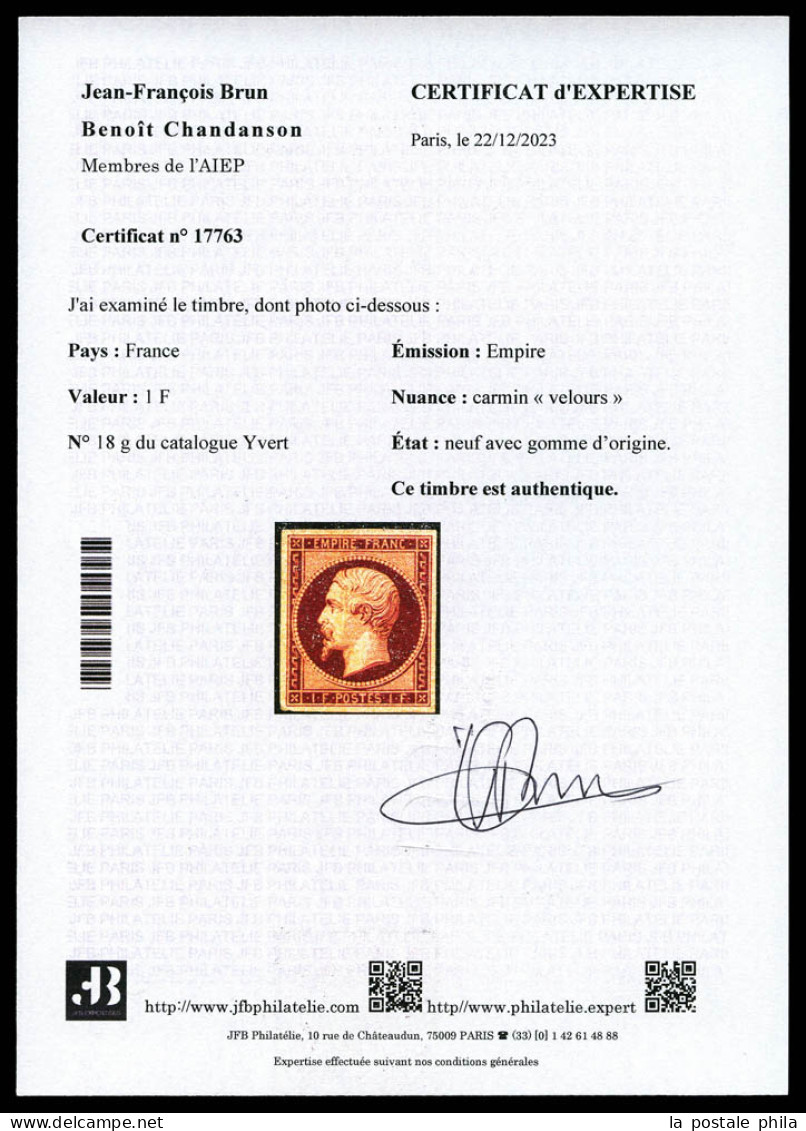 * N°18g, 1f Velours, Quatre Belles Marges, Quasi **. SUPERBE. R.R. (signé Calves/Brun/certificats)  Qualité: *  Cote: 13 - 1853-1860 Napoléon III.