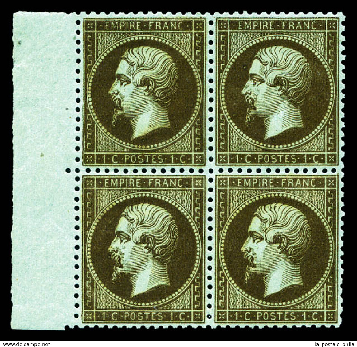 ** N°19b, 1c Mordoré En Bloc De Quatre Bord De Feuille, Fraîcheur Postale, Très Bon Centrage, SUPERBE (signé Bernard/cer - 1862 Napoléon III