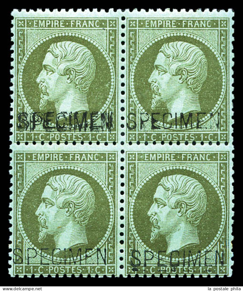 ** N°19f, 1c Vert Olive Surchargé 'SPÉCIMEN' Doublée Tenant à Normaux En Bloc De Quatre. Fraicheur Postale. SUP (certifi - 1862 Napoléon III.