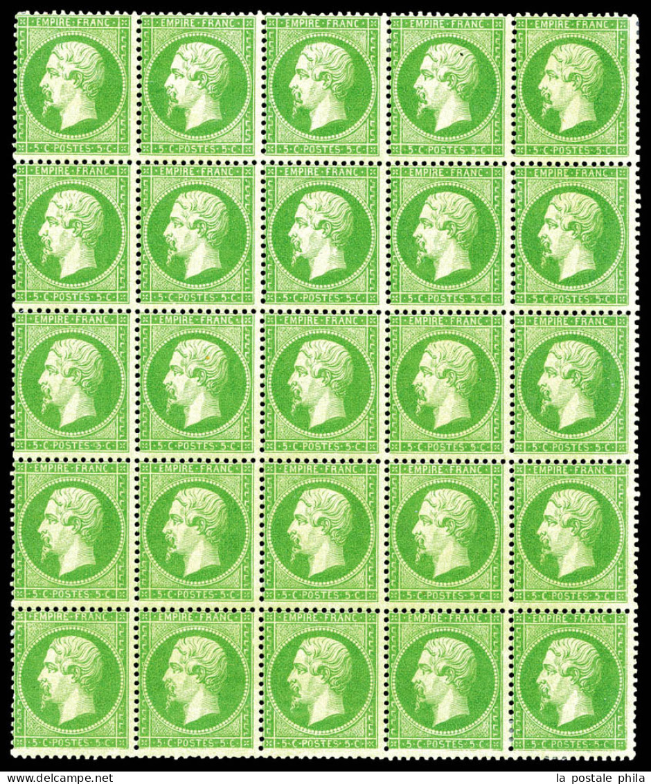 ** N°20g, 5c Vert Jaune Sur Verdâtre En Bloc De 25 Exemplaires (8 Ex*), Fraîcheur Postale. SUPERBE. R.R. (signé Calves/c - 1862 Napoléon III.