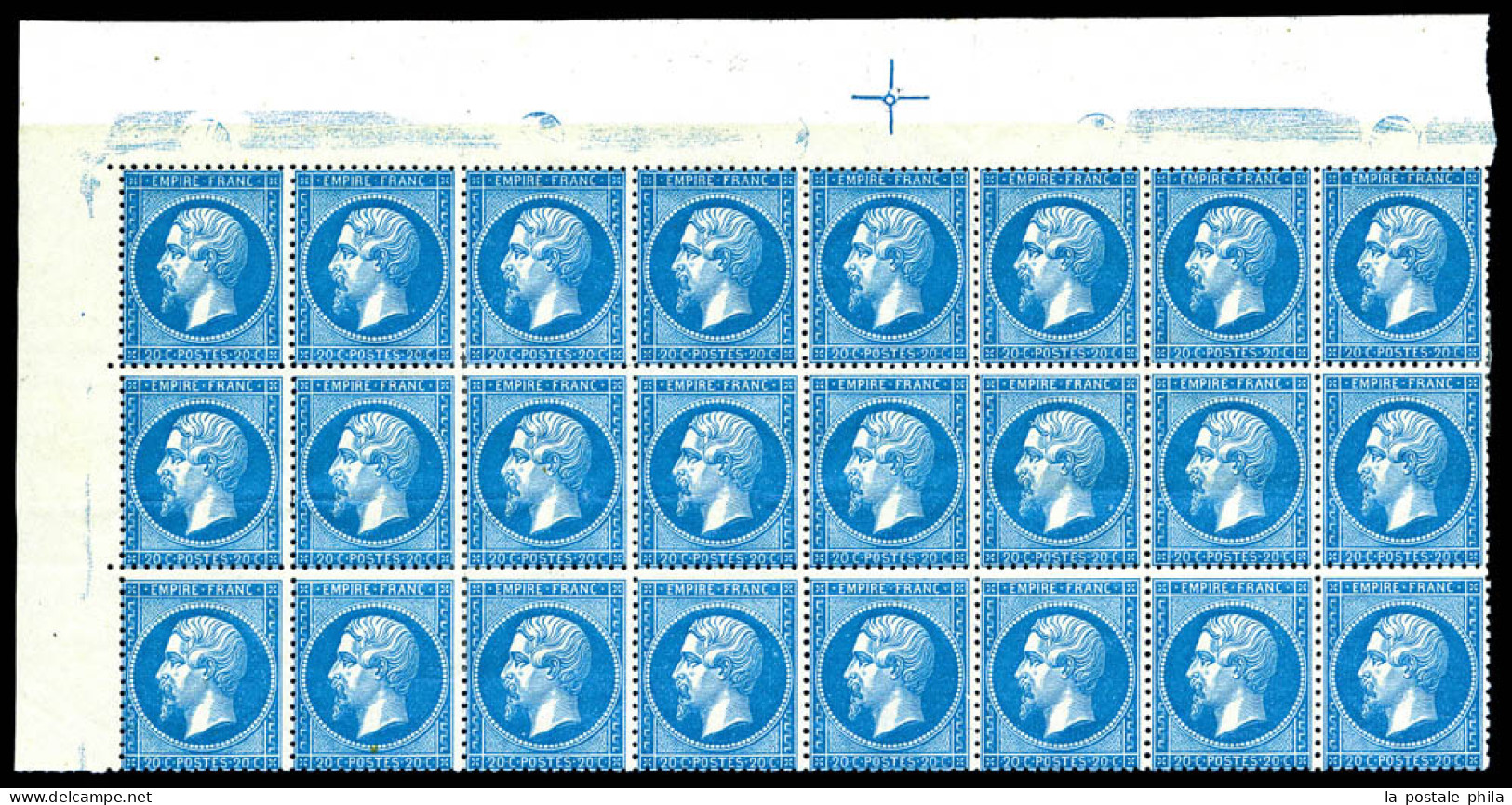 ** N°22, 20c Bleu, Bloc De 24 Exemplaires Coin De Feuille Avec Croix De Repère, Quelques Froissures De Gomme (8 Ex*), Tr - 1862 Napoléon III.