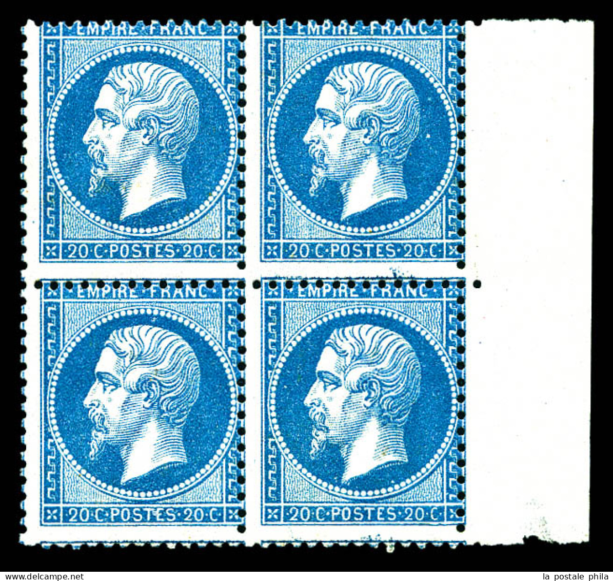 ** N°22, 20c Bleu En Bloc De Quatre Bord De Feuille, Fraîcheur Postale. SUP (certificat)  Qualité: ** - 1862 Napoléon III