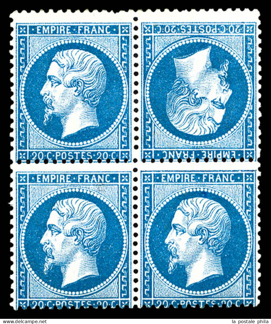 * N°22b, 20c Bleu, Tête-bêche Tenant à Normaux Dans Un Bloc De Quatre (1ex**), RARE Et SUPERBE (signé Calves/certificat) - 1862 Napoléon III.