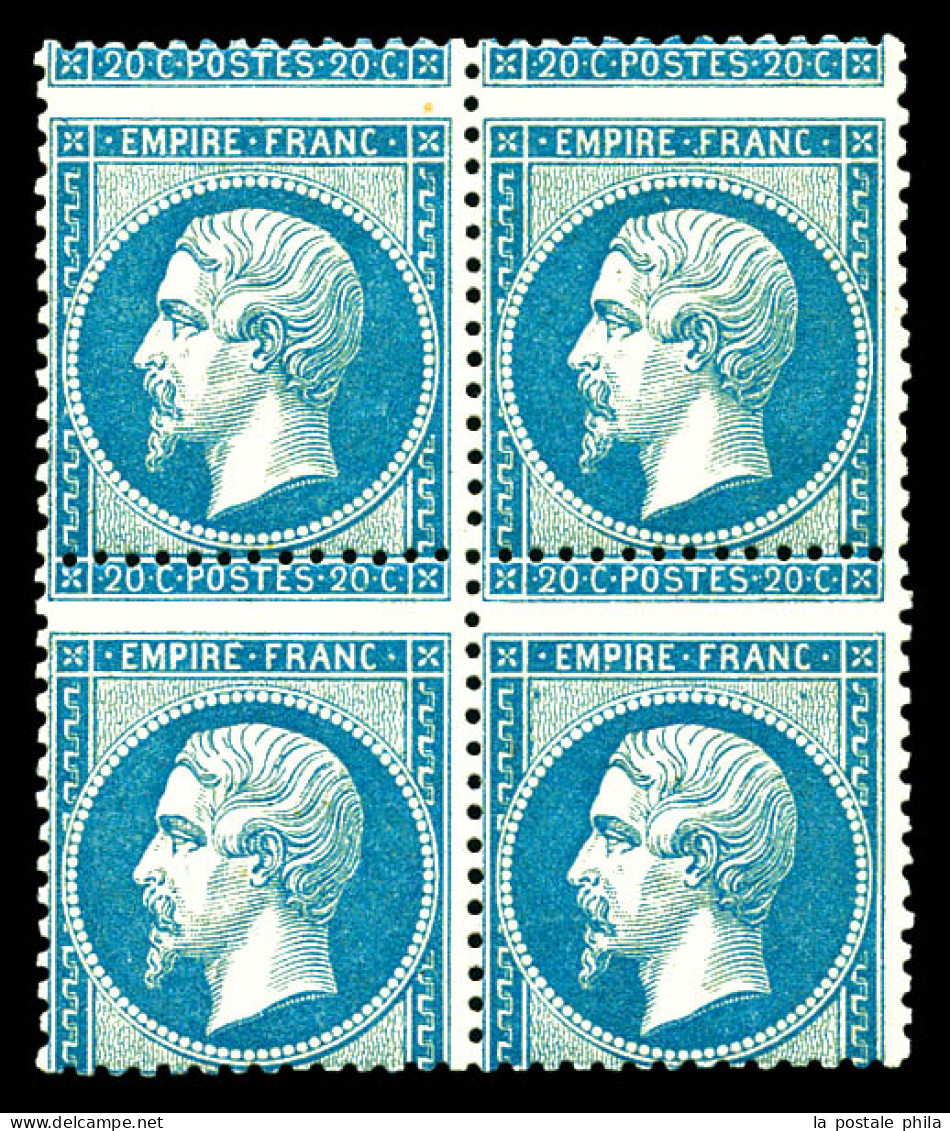 ** N°22, 20c Bleu, Superbe Piquage à Cheval En Bloc De Quatre, Fraîcheur Postale. TTB. R.R. (signé Calves/certificat)  Q - 1862 Napoléon III.