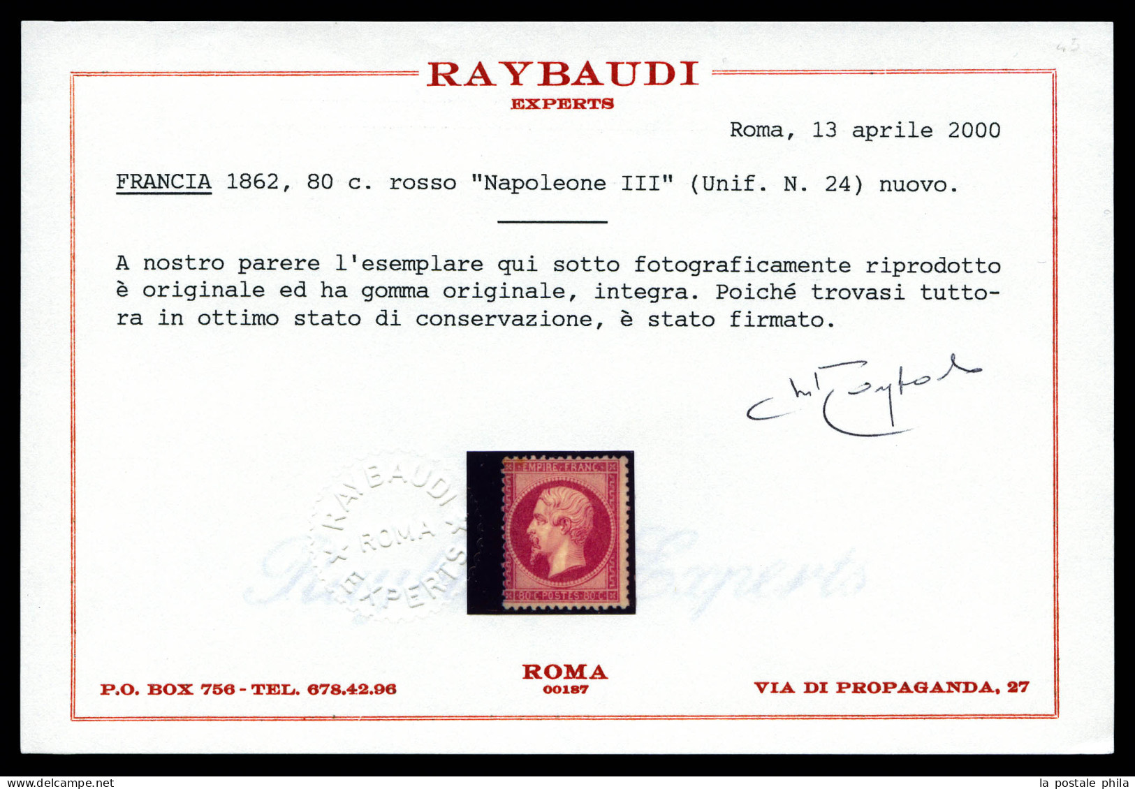 ** N°24, 80c Rose, Fraîcheur Postale, SUP (certificat)  Qualité: ** - 1862 Napoléon III.