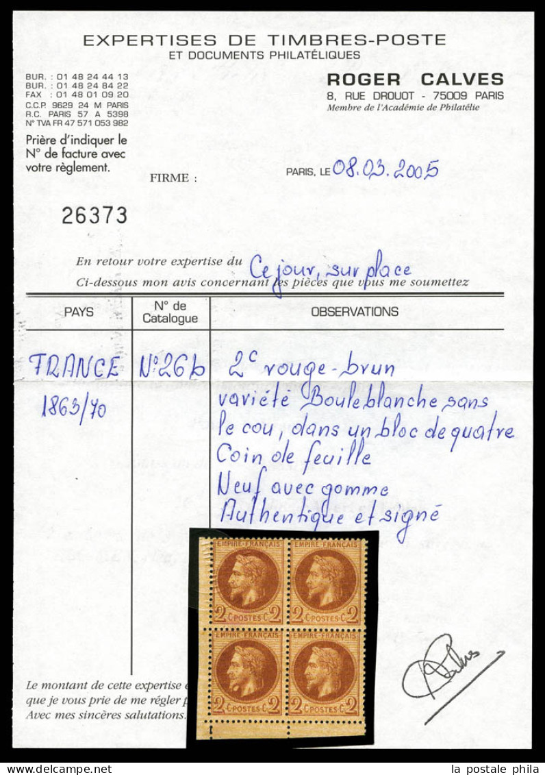 ** N°26Ab, 2c Rouge-brun, Variété Boule Sous Le Menton (case 141) Tenant à Normaux En Bloc De Quatre Coin De Feuille. SU - 1863-1870 Napoléon III Lauré