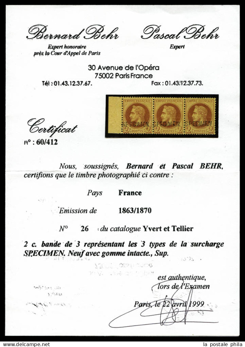 ** N°26Bc, Bande De 3 Du 2c Lauré Surchargé SPECIMEN. Trés Rare Avec Les 3 Types Différents De La SURCHARGE SPECIMEN, 1e - 1863-1870 Napoléon III Con Laureles