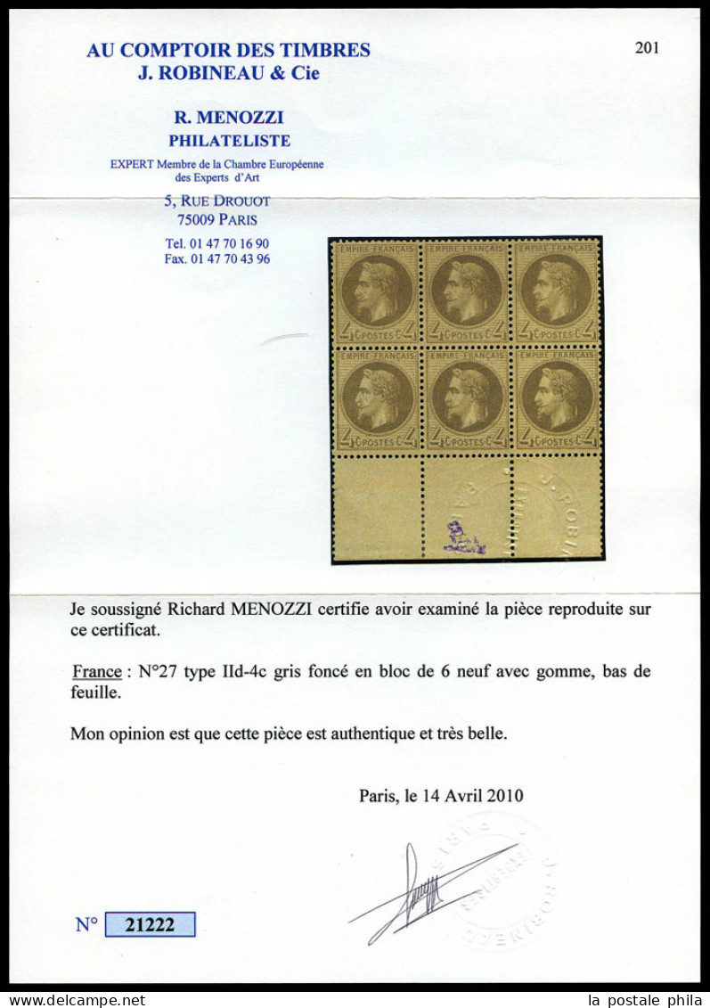 ** N°27Ba, 4c Gris Foncé Type II En Bloc De 6 Bas De Feuille (1 Exemplaire **), Très Jolie Nuance Et Bon Centrage, Fraîc - 1863-1870 Napoleon III With Laurels