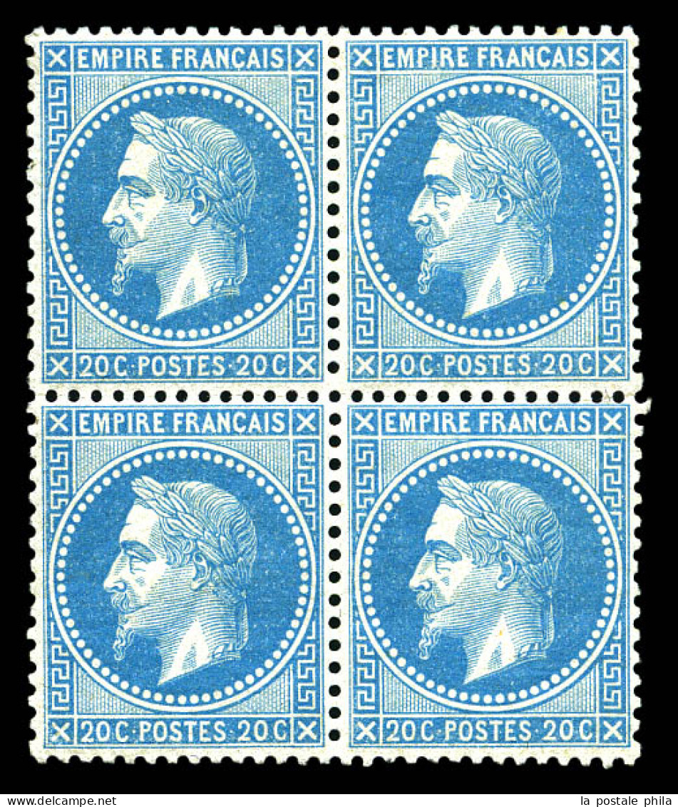 ** N°29A, 20c Bleu Type I En Bloc De Quatre, Bon Centrage, Fraîcheur Postale. SUPERBE. R. (signé Calves/certificats)  Qu - 1863-1870 Napoléon III Lauré