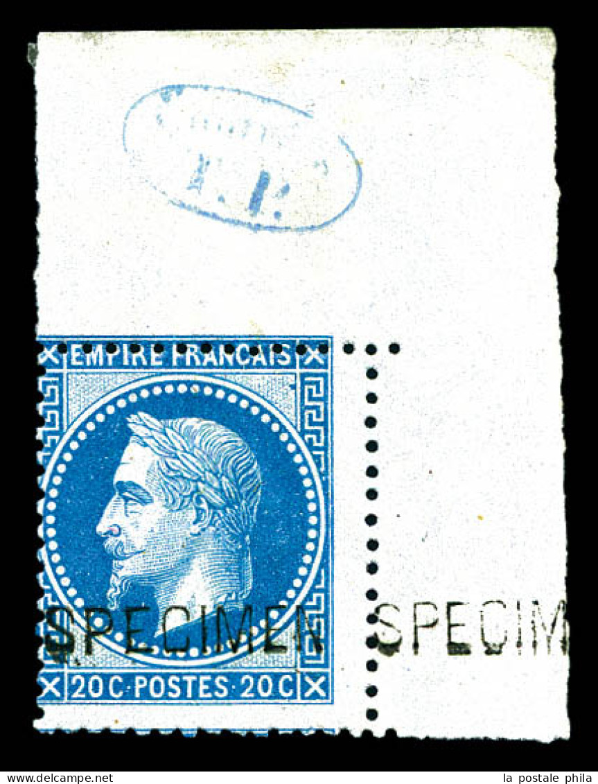 ** N°29Af, 20c Bleu Surchargé SPECIMEN, Coin De Feuille Avec Cachet De Contrôle TP En Bleu, Fraîcheur Postale. TTB (sign - 1863-1870 Napoleon III With Laurels